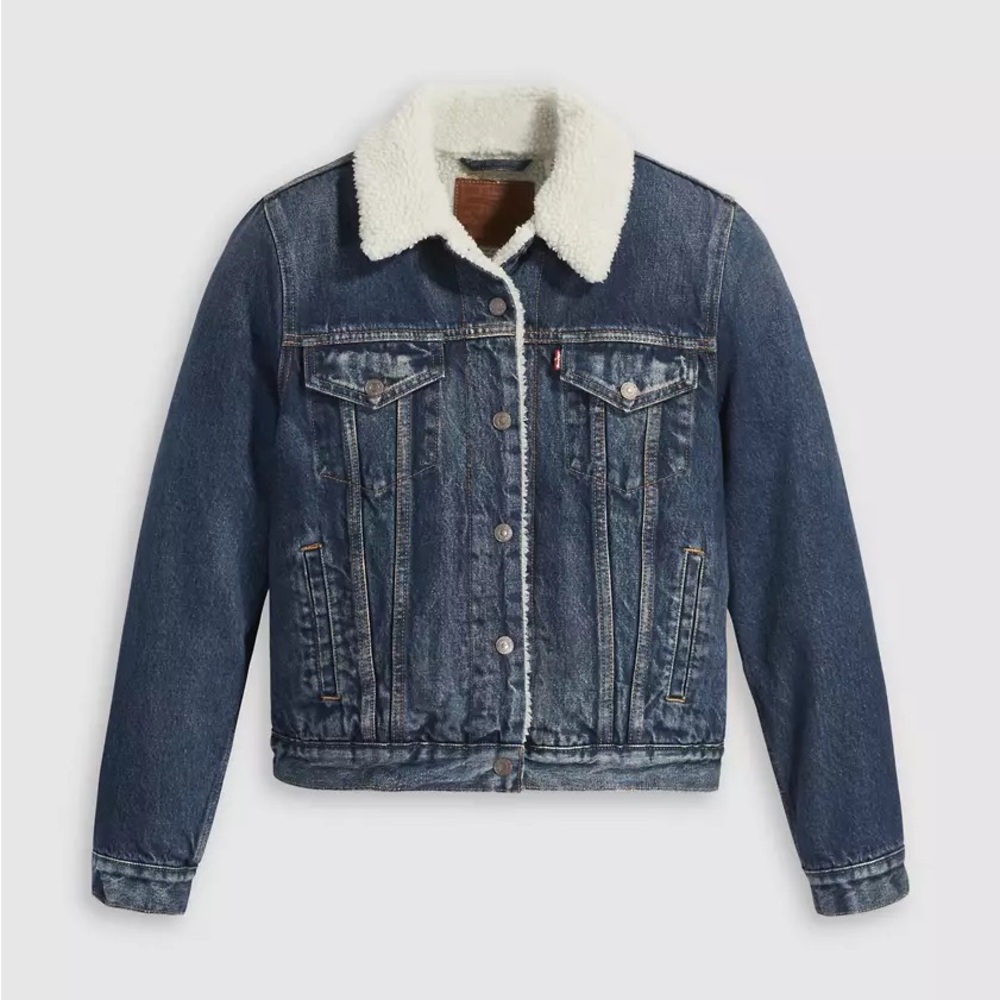 Levi's Dark Blue Denim Jacket with White Sherpa Collar -size M
